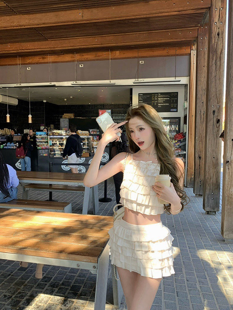 25Nov. 可鹽可甜俏皮千層荷葉半身裙套裝 杏