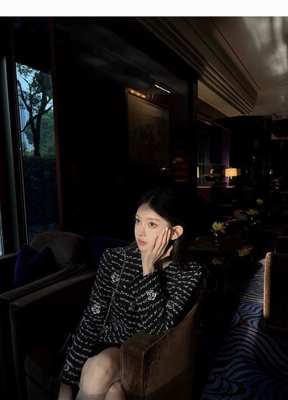 25Dec. 貝夢德memory手工山茶花刺繡粗呢外套 黑