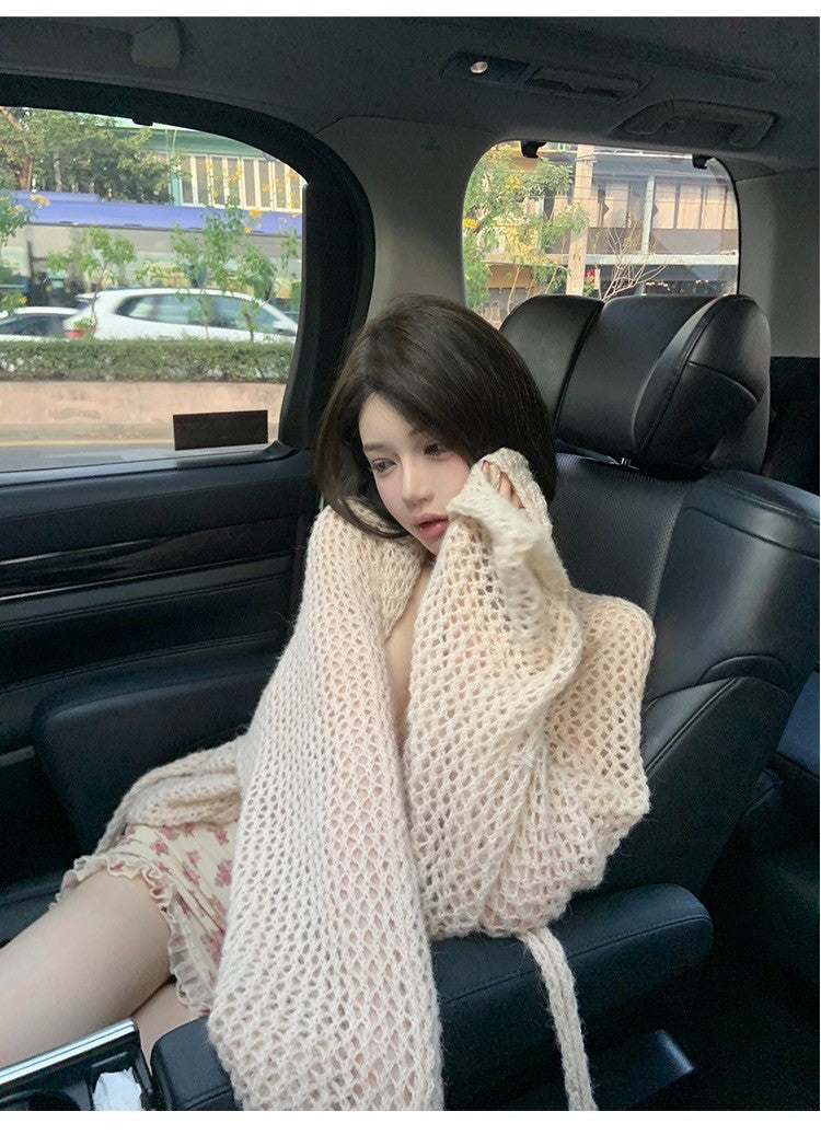 Mar. 貴感慵懶 網眼寬鬆綁帶針織開衫 杏