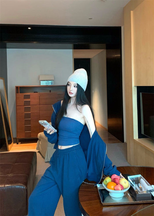 25Nov. 美式隨性純色連帽衛衣休閒褲套裝 布魯藍