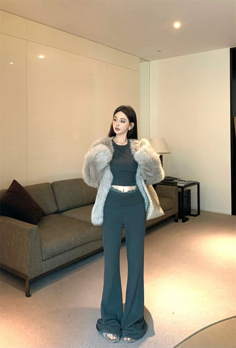 Mar. 簡約高級感 圓領修身高腰休閒褲套裝 灰