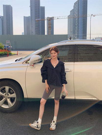 Jun. 美式寬鬆輕薄防曬連帽工裝外套 黑色