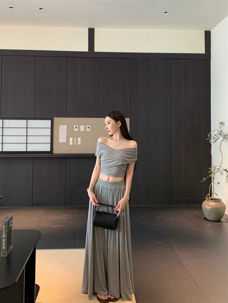 25Sep. 中古氣質交叉設計上衣棉料半身裙套裝 灰