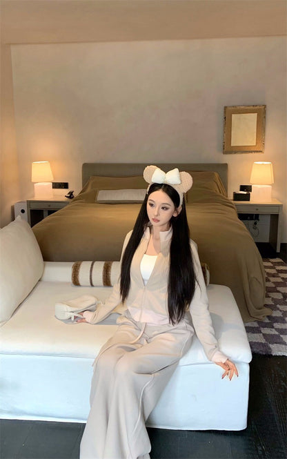 26Jan. 休閒運動華夫格立領外套休閒褲套裝 藏青/杏