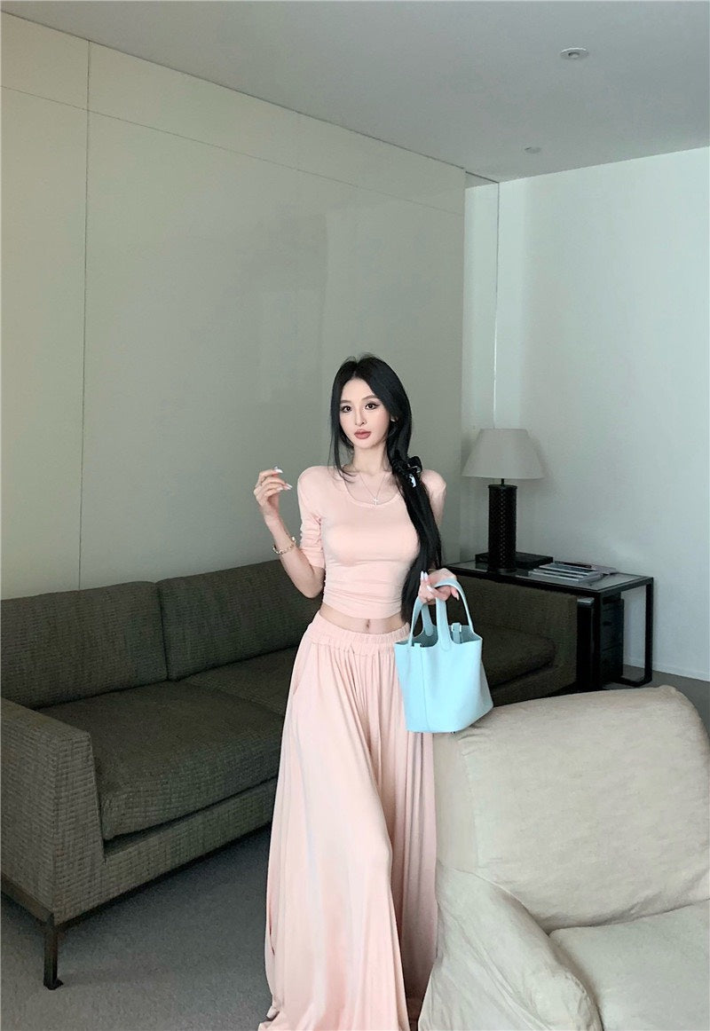 Jun. 溫柔小姊姊U領顯瘦鬆緊垂墜休閒褲套裝 肉粉色