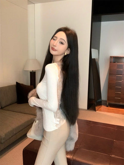 Jan. 辣妹性感露背蕾絲U領上衣 米白