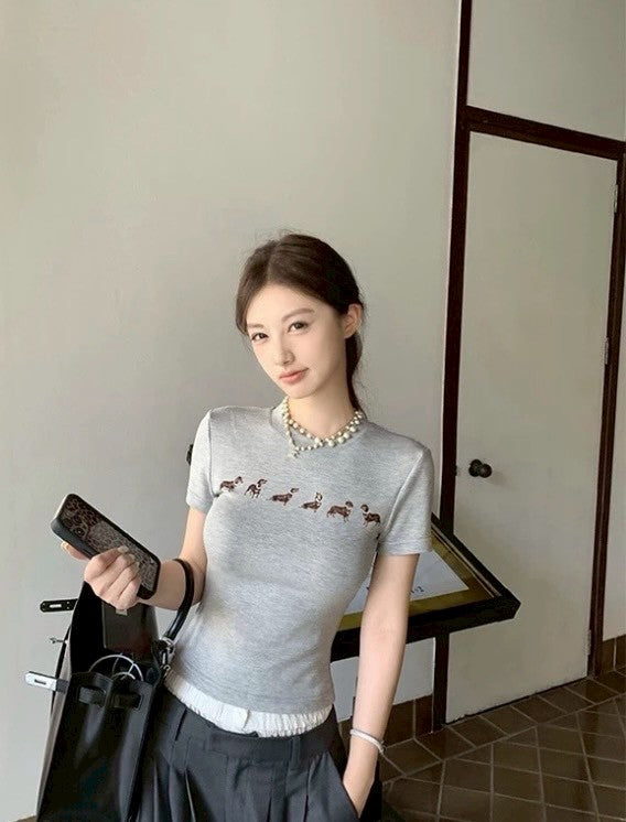 May. Jennie同款臘腸狗 美式正肩彈力上衣 灰