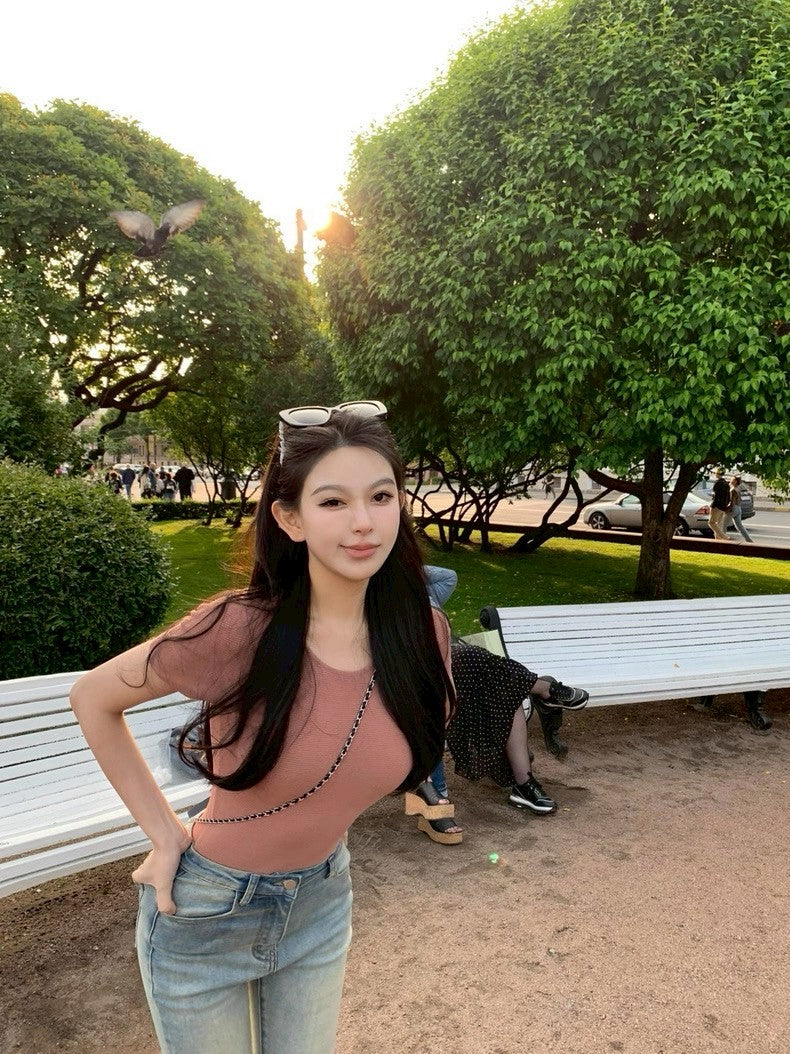 25Aug. arman*俐落圓領正肩針織上衣 豆沙粉/薄荷綠