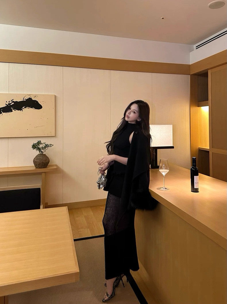 26Jan. 夜色之吻中縷空紗線工藝針織半身裙 黑