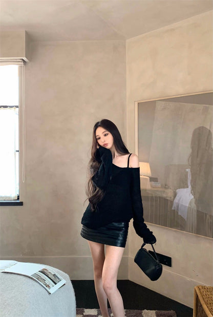26Jun. 霧感美女慵懶透視針織上衣/風琴辣妹皮短裙 黑色系