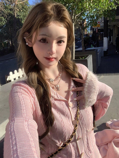 25Nov. 25B粉藍花楹 氣質織紗袖針織半身裙套裝 粉