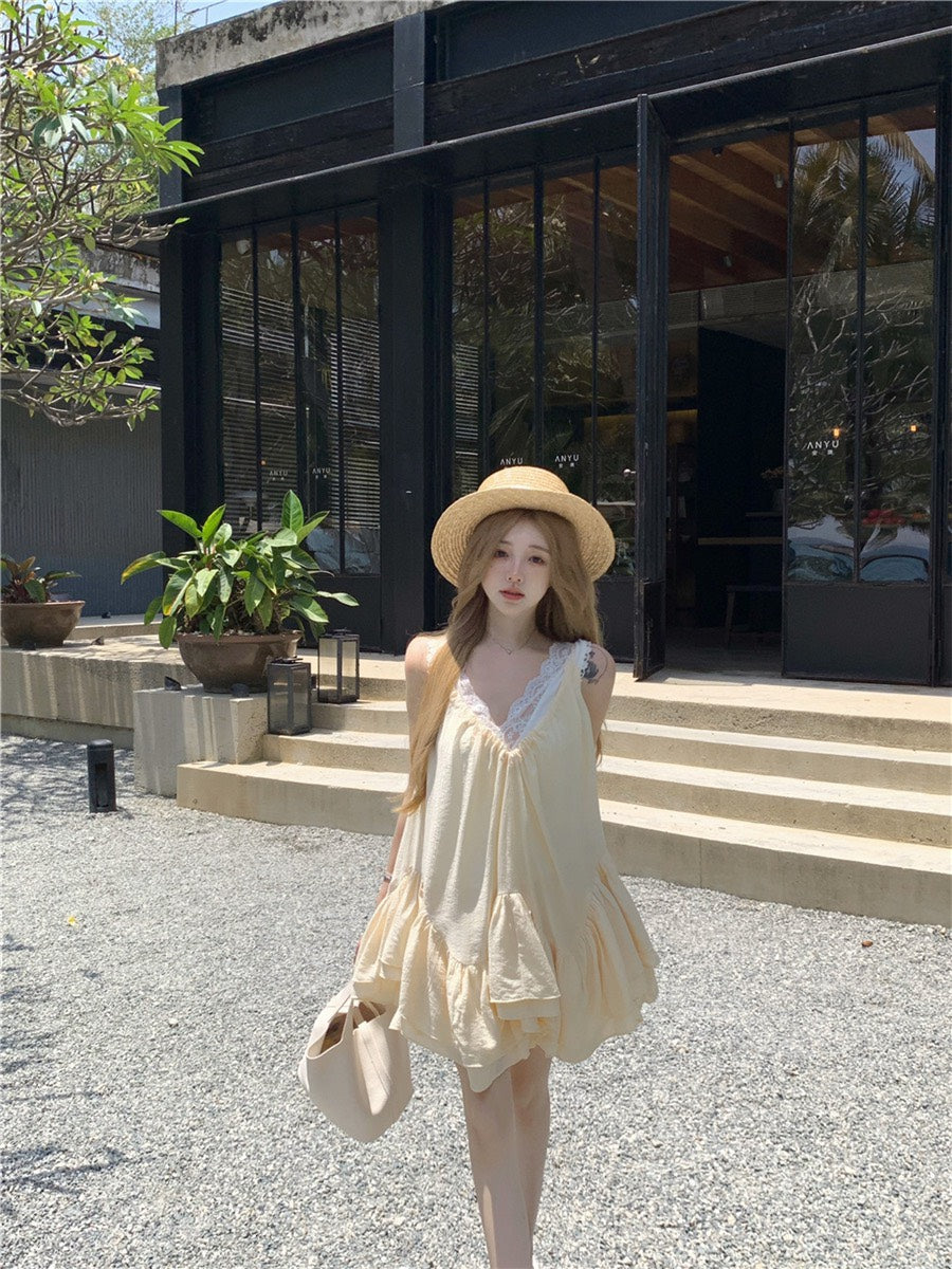 Jun. 花語呢喃 露思款甜美V領洋裝 奶黃  （蕾絲背心單獨選購）