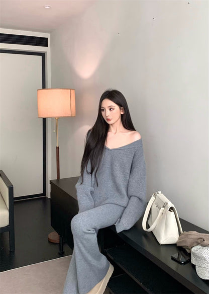 25Nov. 慵懶配套V小翻領針織休閒褲套裝 灰