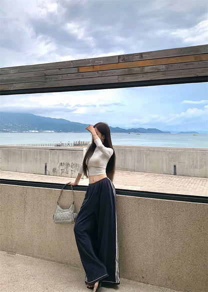 25Jul. 美式簡約百搭彈力上衣 粉/白 高腰闊腿褲