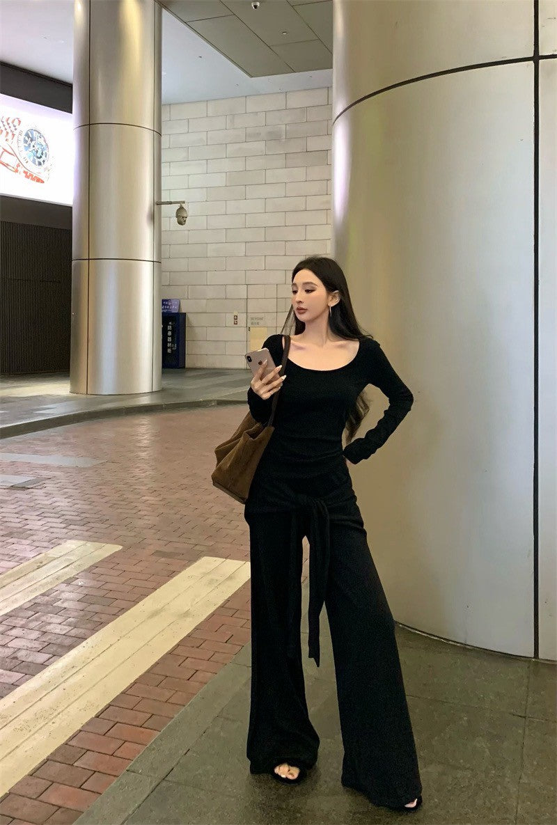 May. Lu系紙片系列 大U領上衣假兩件式綁帶休閒褲套裝 黑