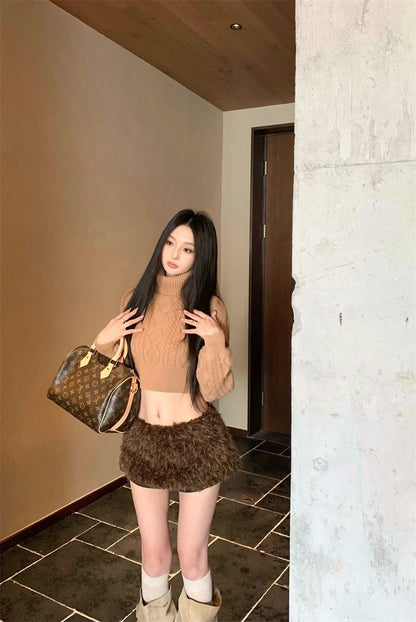 26Jan.精緻姐姐兩穿高彈麻花針織上衣 辣妹毛毛褲裙 咖