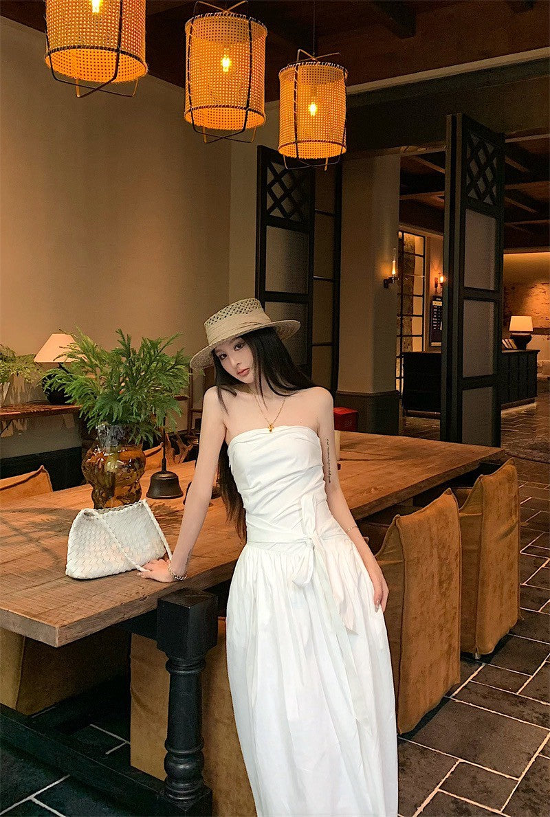 25Sep. 知性哲學抹胸襯衫料繫帶連身裙 白