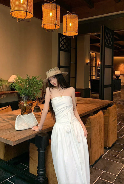 25Sep. 知性哲學抹胸襯衫料繫帶連身裙 白