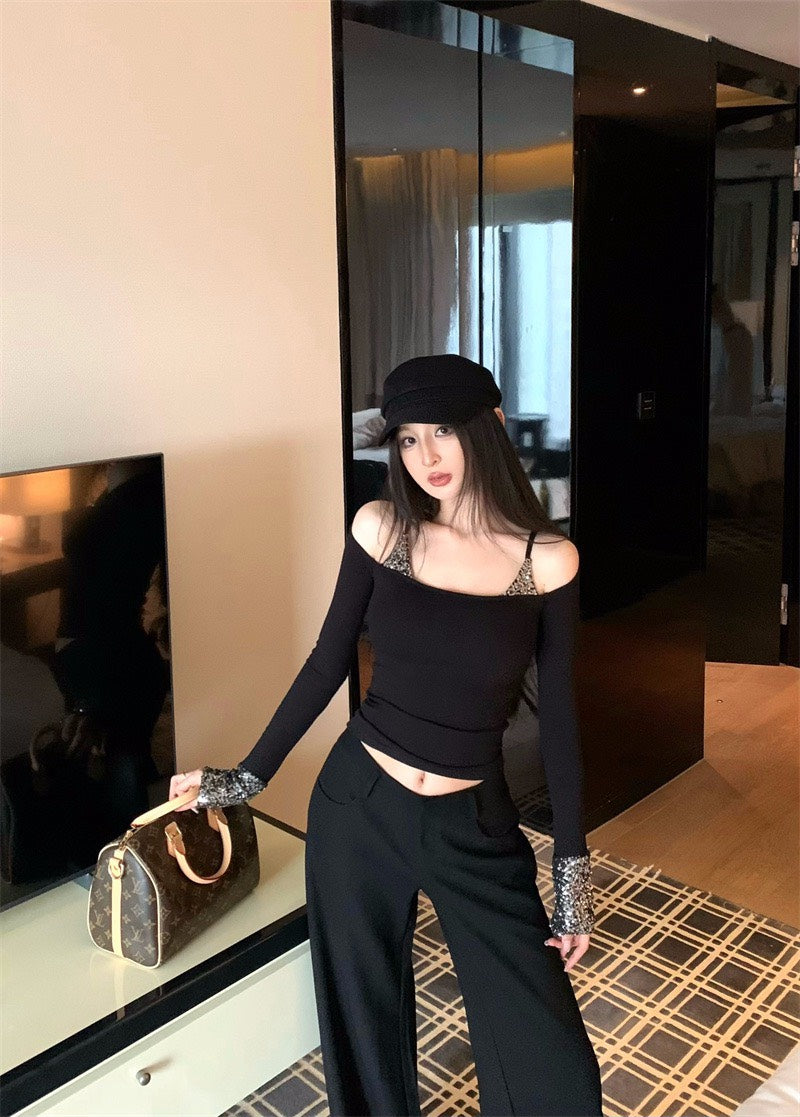 25Nov. 璀璨奪目假兩件式亮片拼接上衣 黑