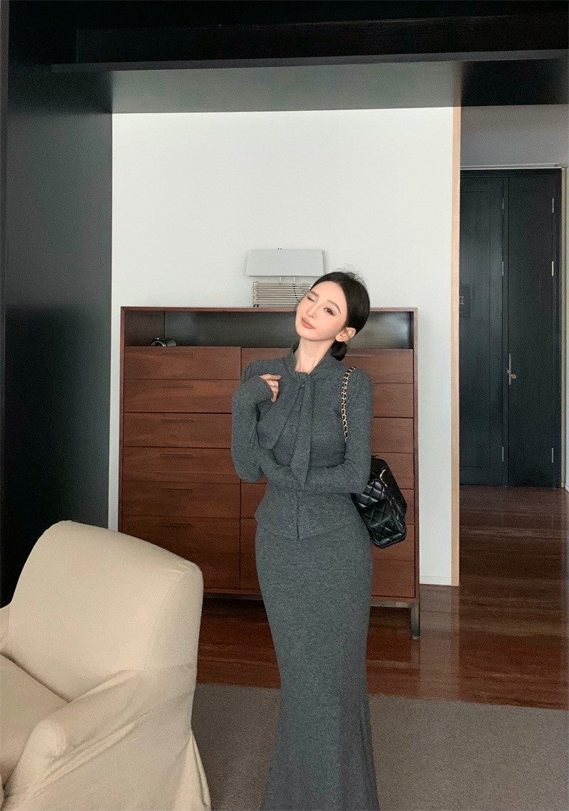 Feb. 氣質雅模 赫本領排扣針織外套半身裙套裝 灰