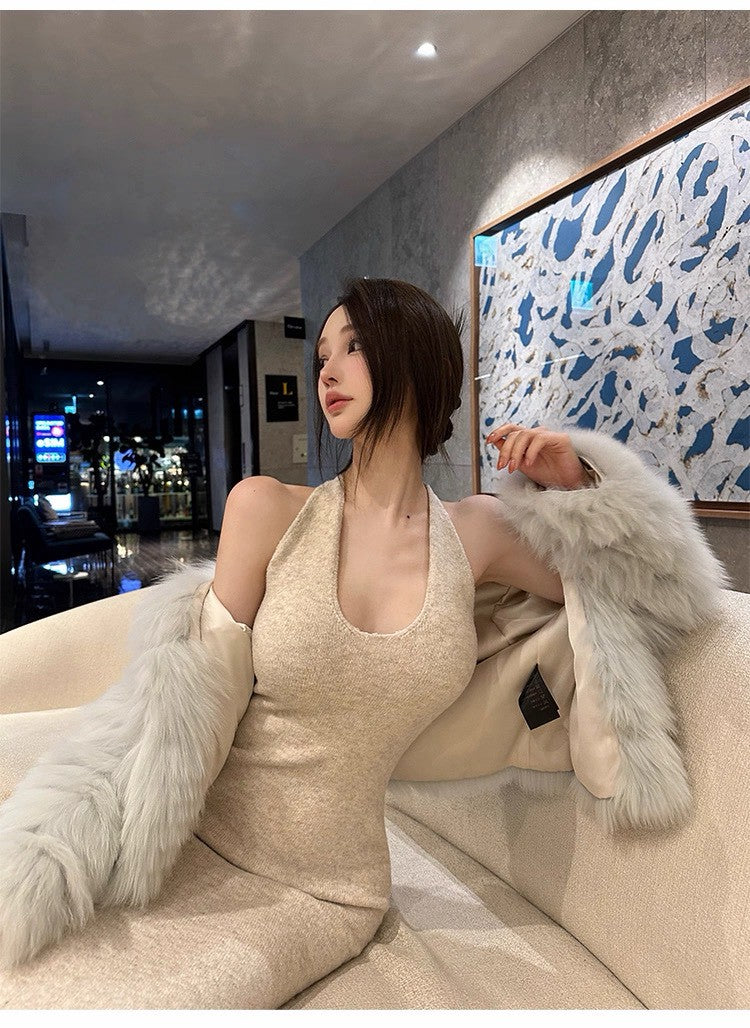 25Dec. 比列佛嬌女U領綿羊混毛修身連身裙 米