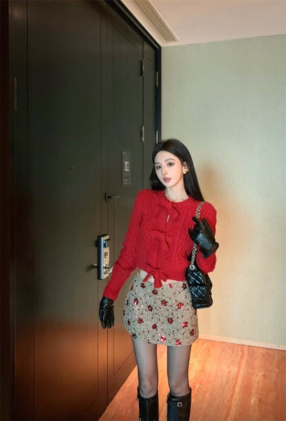 Feb. 一起過節 氛圍感重工蝴蝶結針織上衣 麻編亮片半身裙 紅