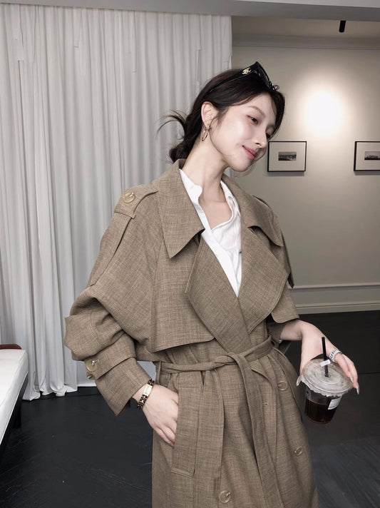 25Dec. 老派審美韓系翻領亞麻肌理紋雙排扣風衣 摩卡棕