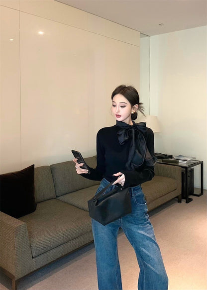 Feb. 內搭高手 綁帶蝴蝶領純色長袖上衣 黑