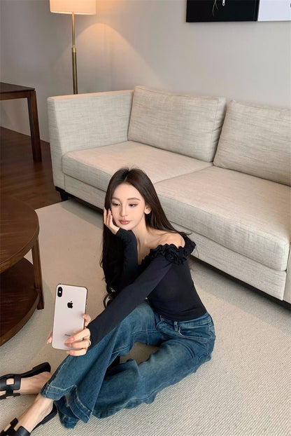 May. 花瓣少女 顯瘦一字領花邊修身上衣 黑色