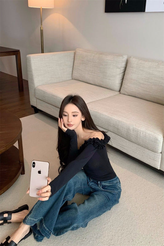 May. 花瓣少女 顯瘦一字領花邊修身上衣 黑色