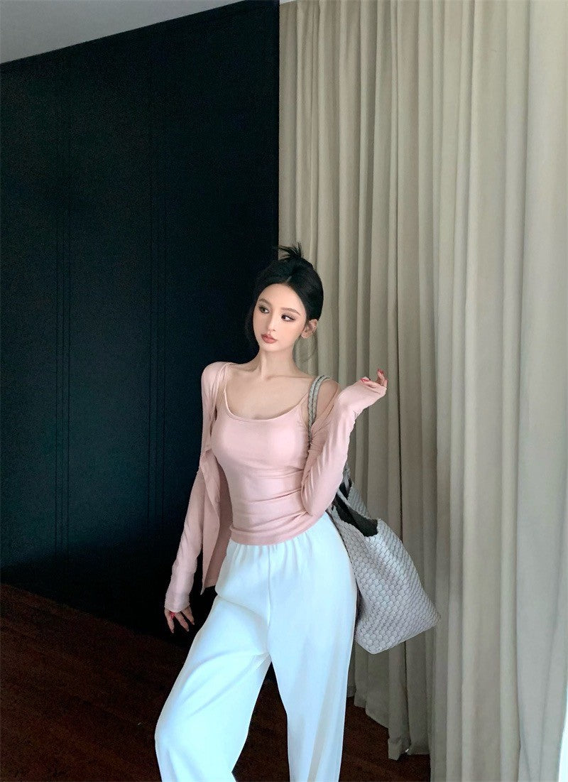 25Sep. 溫柔outfit背心開衫2件組（粉）白色休閒褲