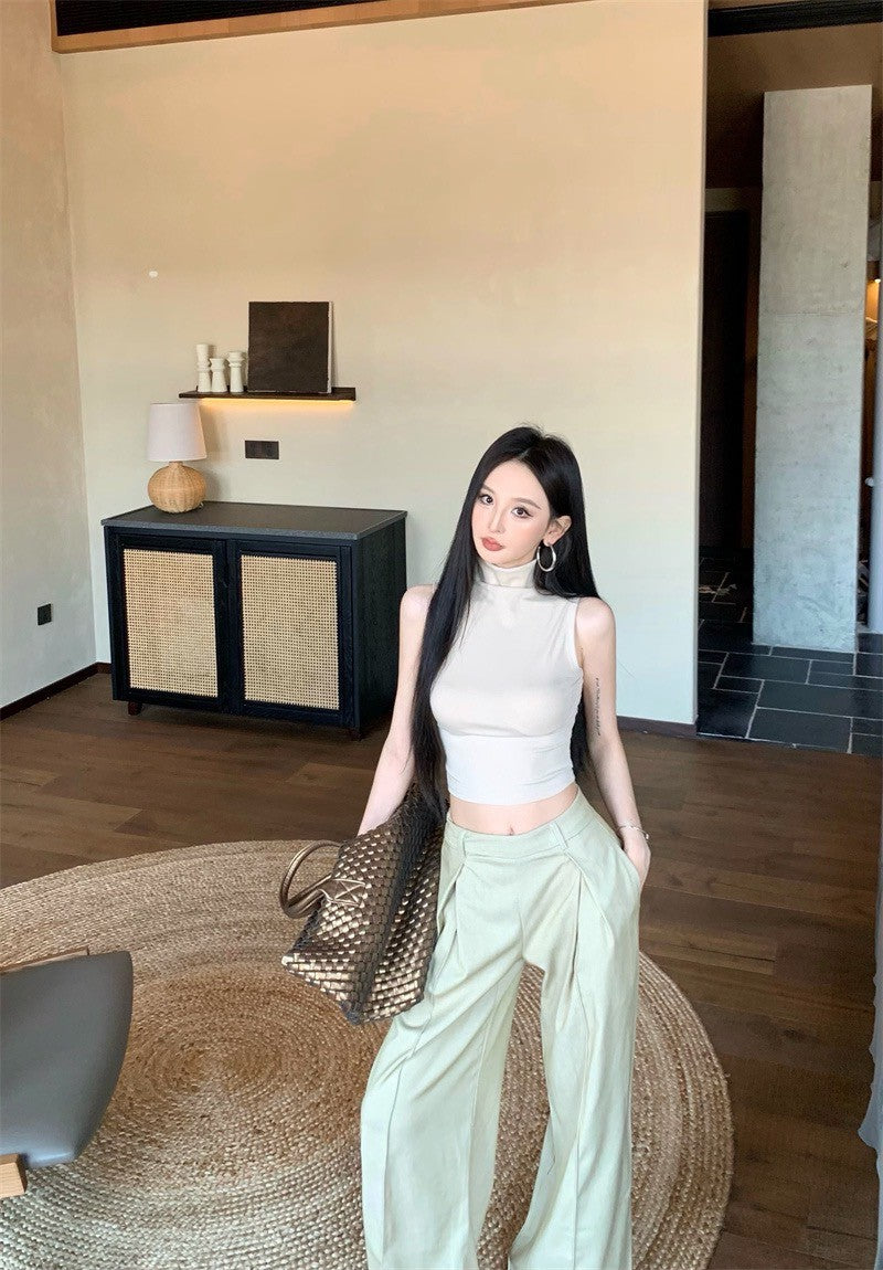 May. 個性簡約半高領純色背心 新款西裝休閒長褲 杏