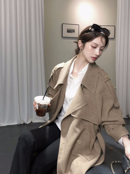 25Dec. 老派審美韓系翻領亞麻肌理紋雙排扣風衣 摩卡棕