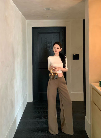 May. 極簡office siren高智修身五分袖上衣  設計款中低腰休閒褲 杏