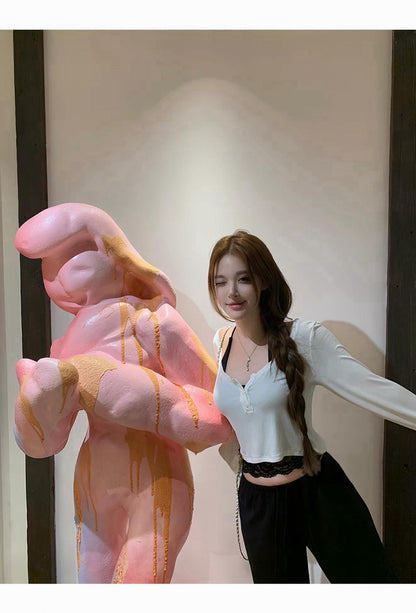 26Oct. 嬌女鬆弛蕾絲T恤上衣兩件套/純色休閒褲 粉/黑白
