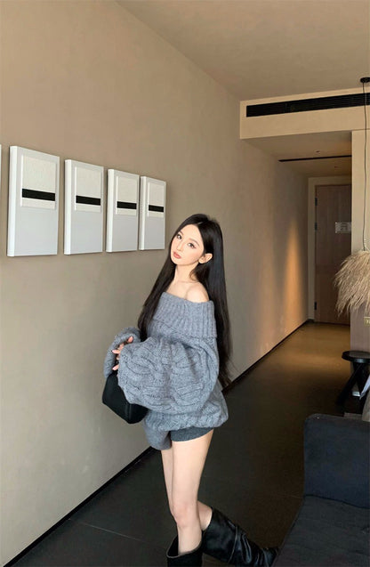 25Dec. Romantic慵懶純慾vibe一字領麻花針織上衣 粉/灰