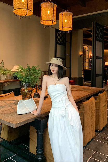 25Sep. 知性哲學抹胸襯衫料繫帶連身裙 白