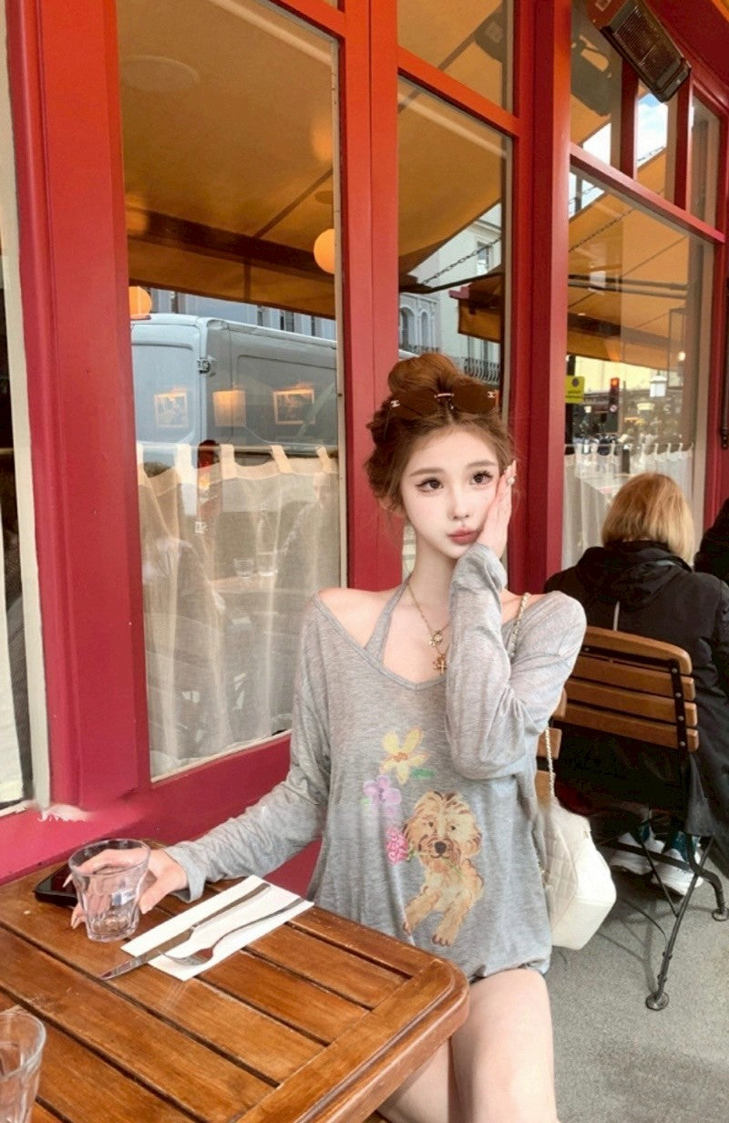 Jun. 萌狗勾 天絲小狗印花兩件式防曬上衣 灰色