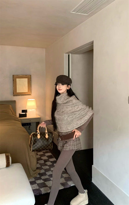 25Dec. 斗篷均碼多用法式花紗針織/英格蘭復古格紋短褲 卡其色系