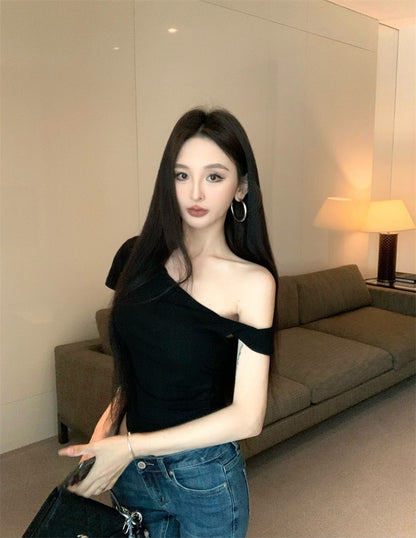 Jun. 簡約好看 基礎露肩修身上衣 灰/黑