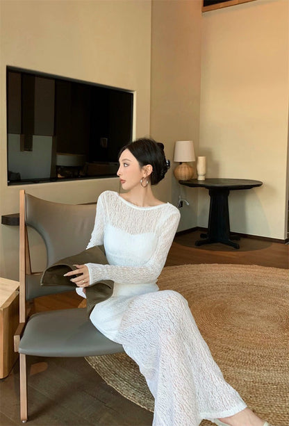 May. Backless dress歐美透視感疊穿連身裙（含內搭）白