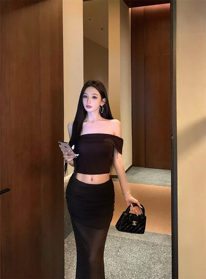 Jun. 淺辣girl 復古一字領透紗半身裙套裝 咖