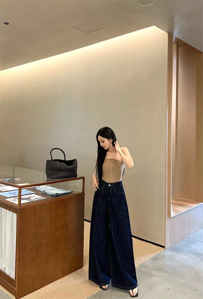 Jun. 古典攻略 魚骨曲線修身抹胸 卡 遮胯寬顯瘦高腰牛仔褲