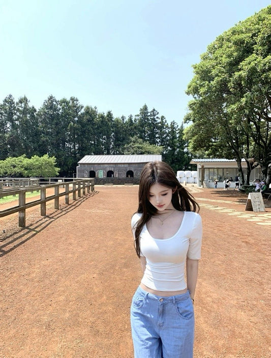 25Aug. 嫩模休閒芭蕾5分袖純色上衣 白/灰