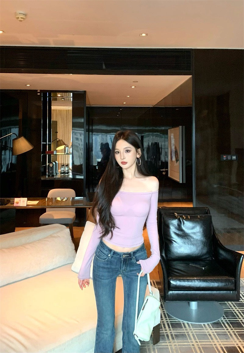 25Nov. 魅惑肩線一字領彈力長袖上衣 粉/白