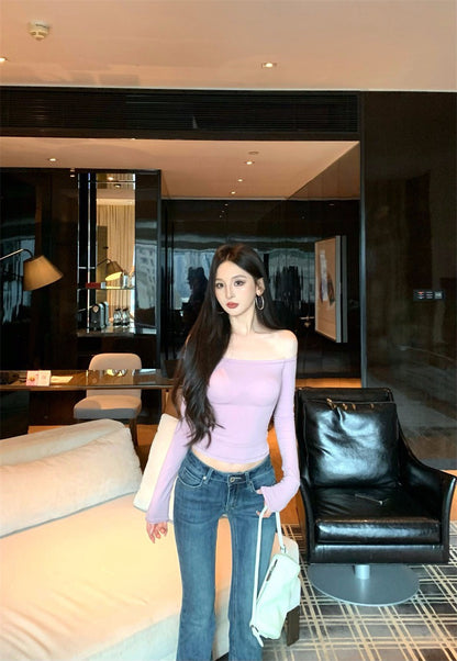 25Nov. 魅惑肩線一字領彈力長袖上衣 粉/白