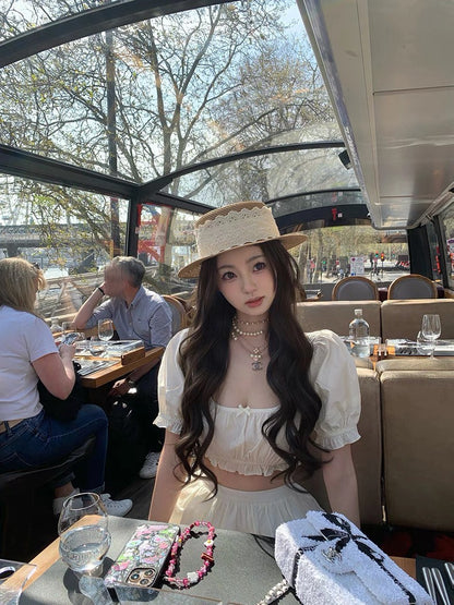 Jun. 夏日綿綿冰 浪漫甜美U領泡泡上衣半裙套裝 白