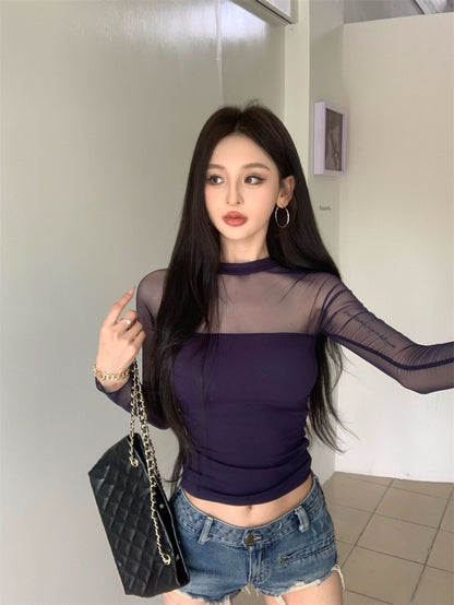 Jun. 辣妹網紗拼接透視緊身上衣 粉/藍