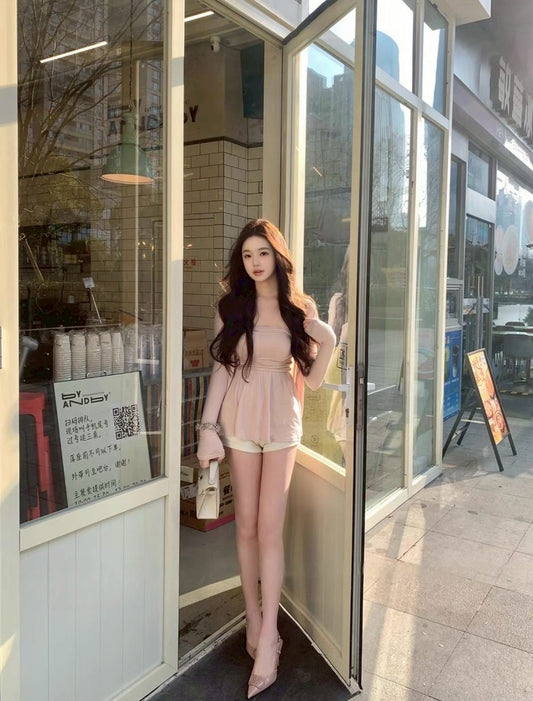 May. 溫柔韓系 加胸墊抹胸上衣外套2件套 米/粉