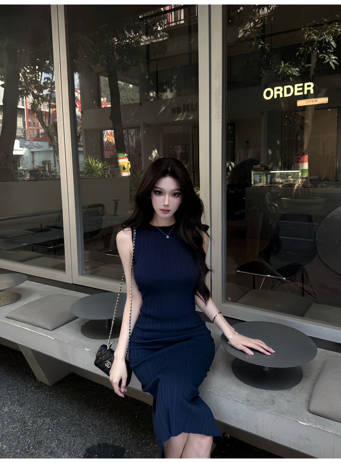 26May. 氣質美人 紋理針織半高領無袖開衩裙 杏/灰/藏藍
